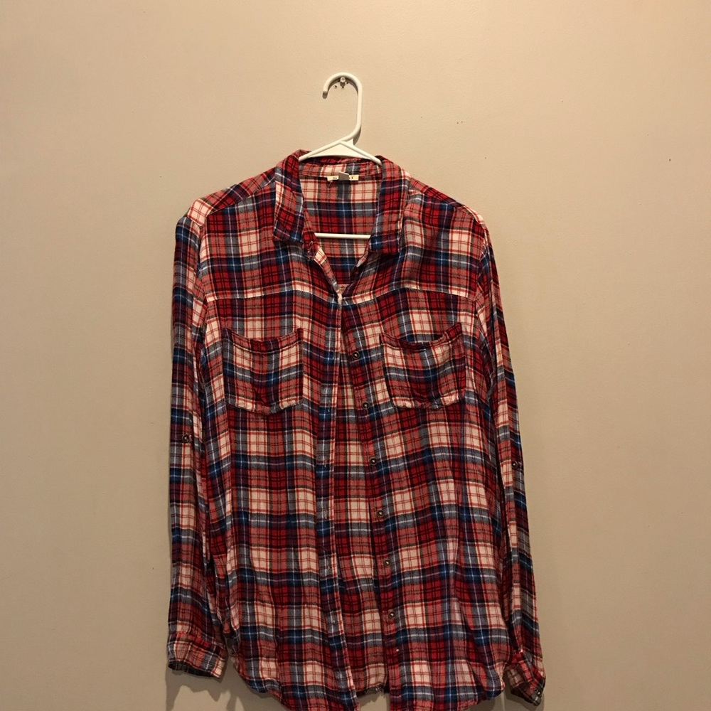 Francesca's Collections Red and Blue Plaid Button Down Shirt